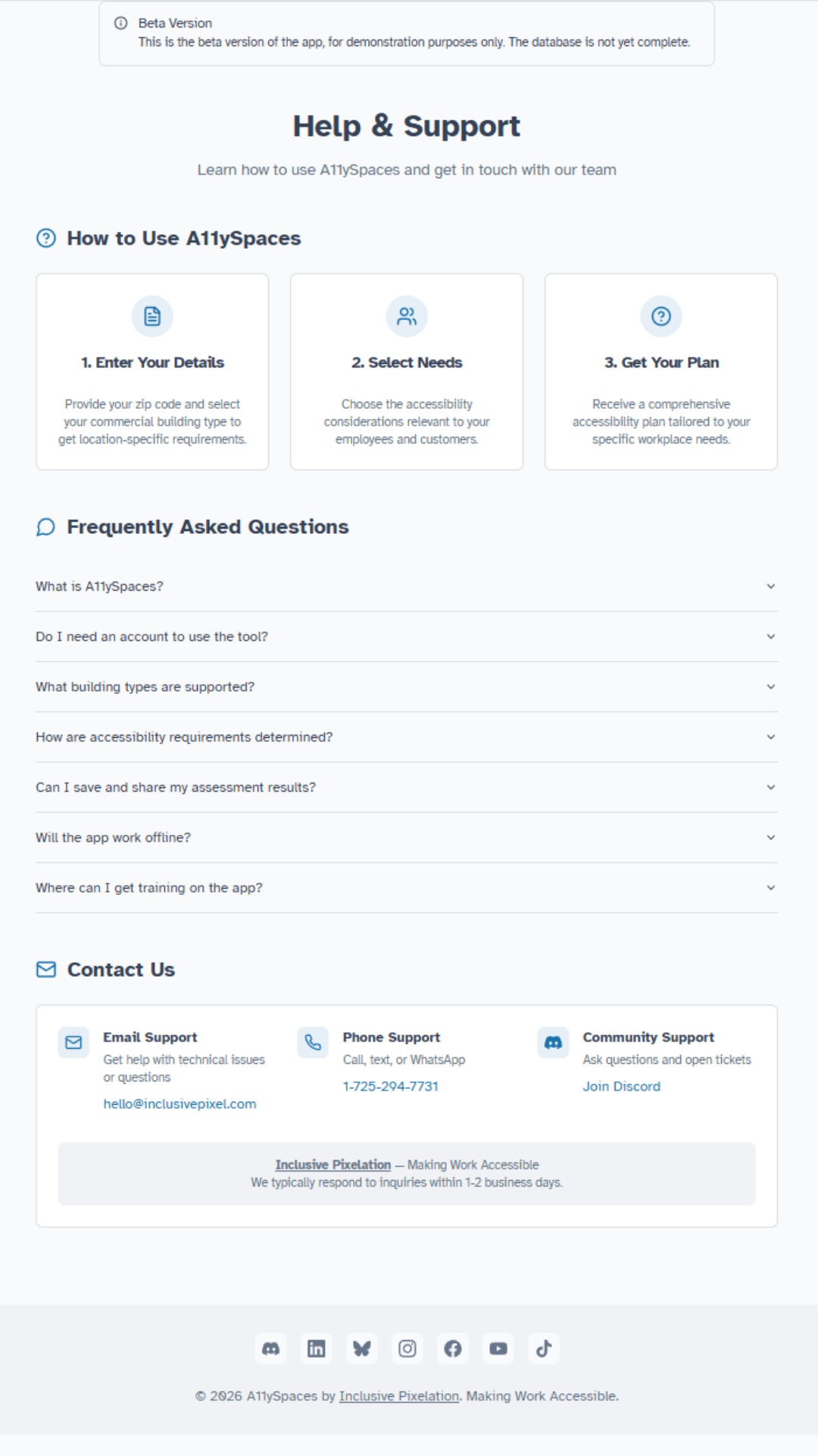 A11ySpaces Help and Support page with how-to steps, FAQ accordion, and contact options