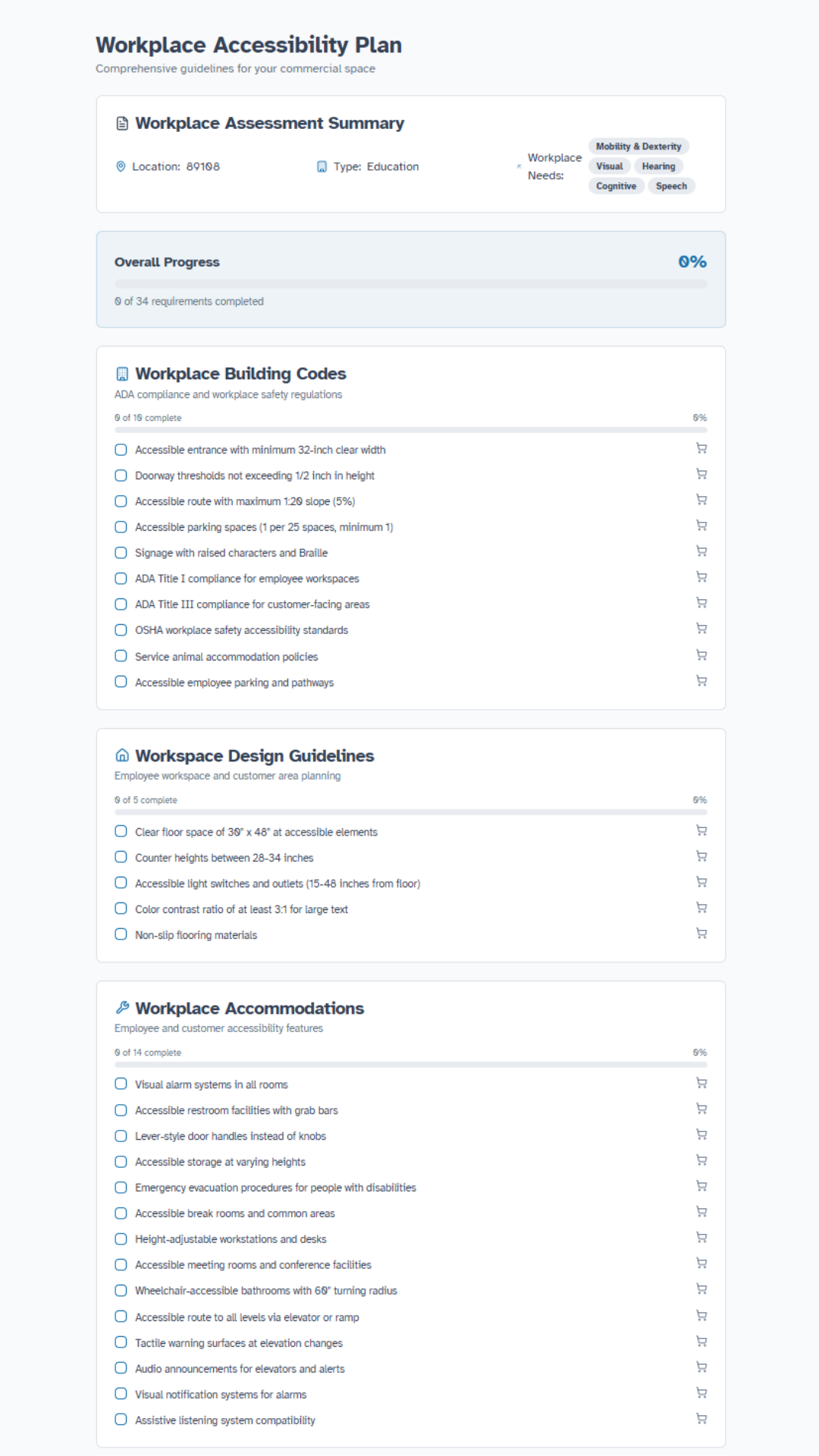 A11ySpaces Workplace Accessibility Plan summary showing building codes, design guidelines, and accommodations sections at 0% progress