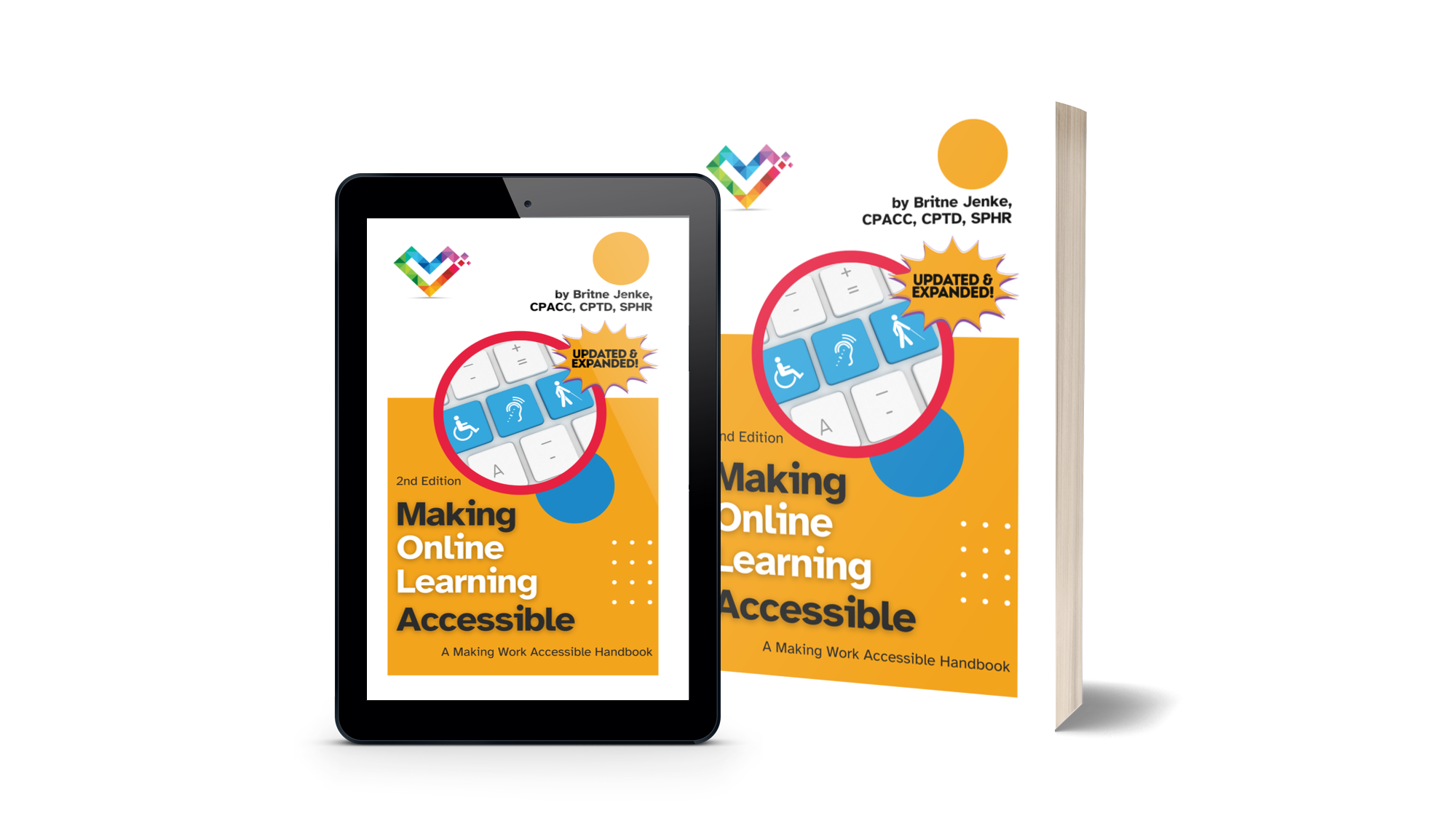 Cover of Making Online Learning Accessible, Second Edition, shown on a tablet and paperback
