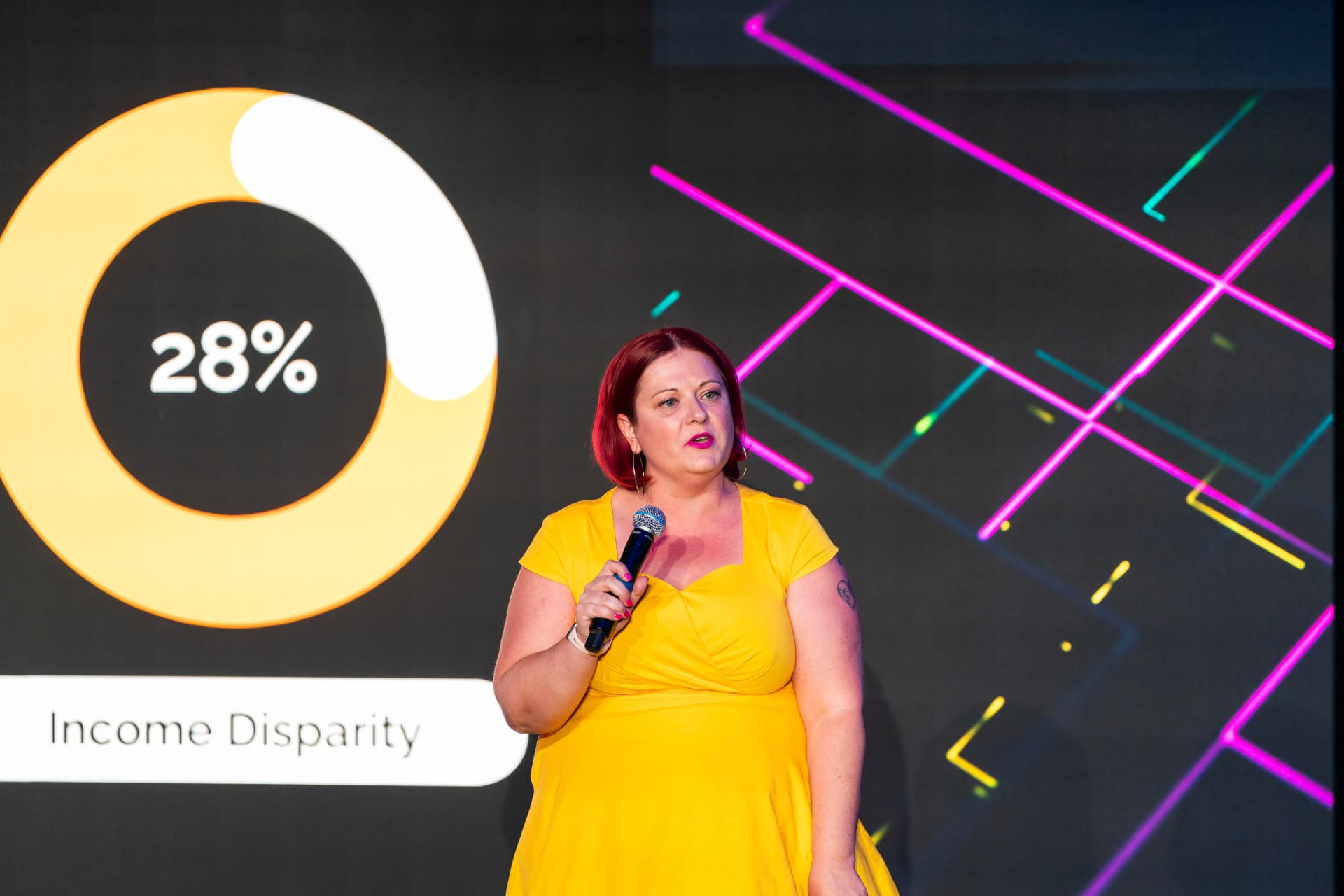 Britne Jenke, wearing a yellow dress and holding a microphone, speaking on stage in front of a slide showing that 28% of disabled people experience income disparity