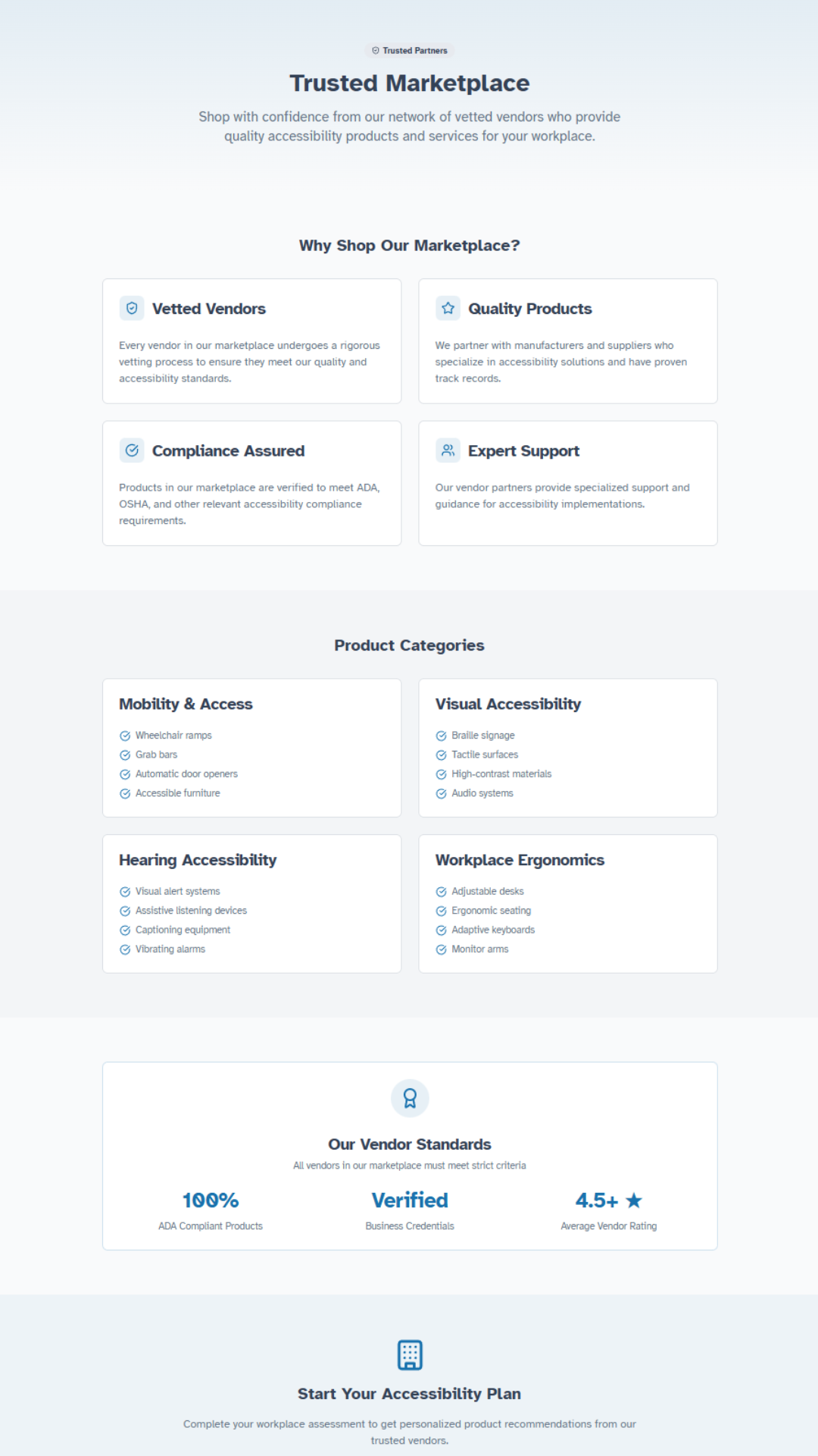 A11ySpaces Trusted Marketplace page showing vetted vendors, product categories, and vendor standards