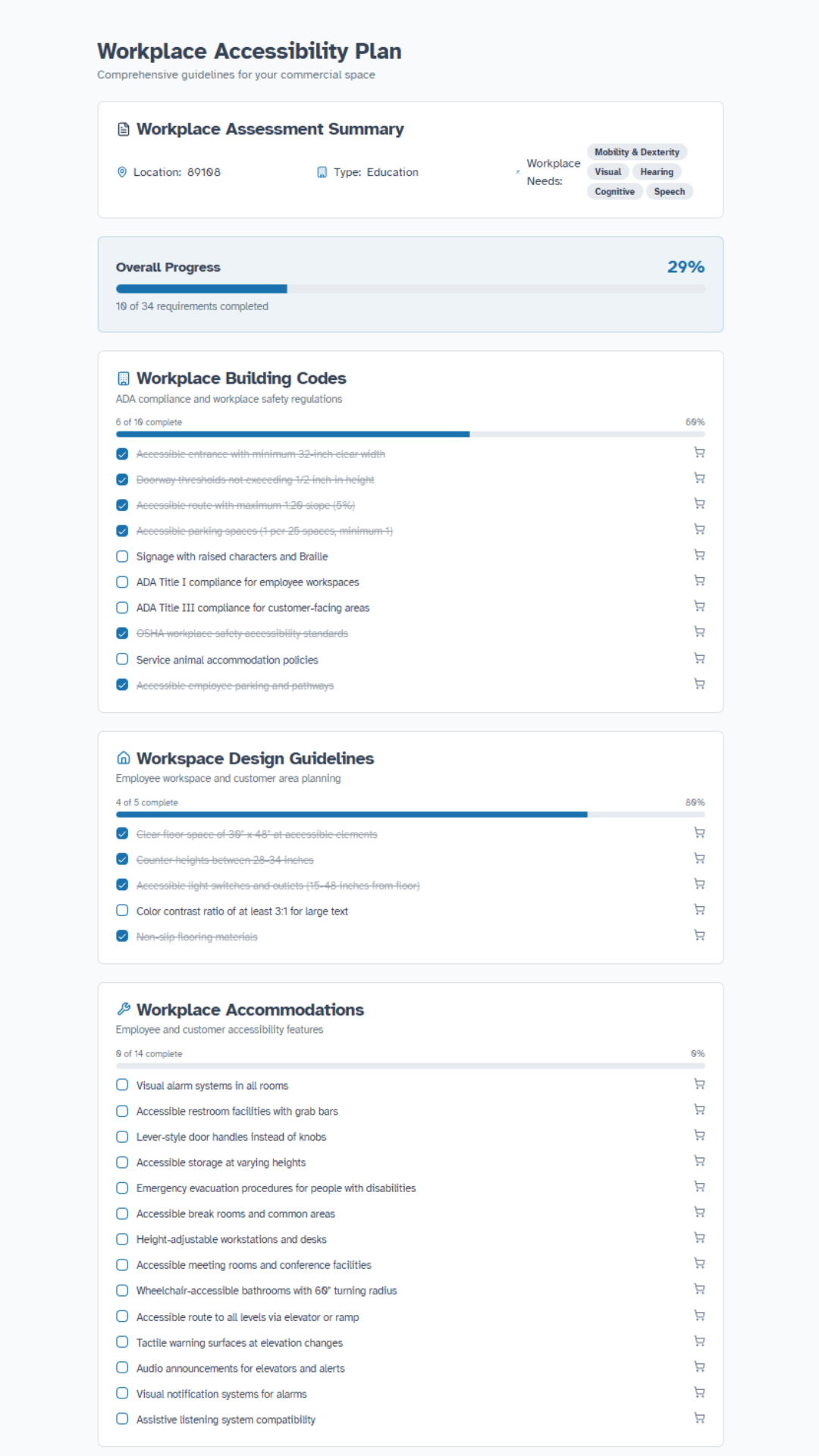 A11ySpaces Workplace Accessibility Plan showing 29% overall progress with completed building code and design guideline items
