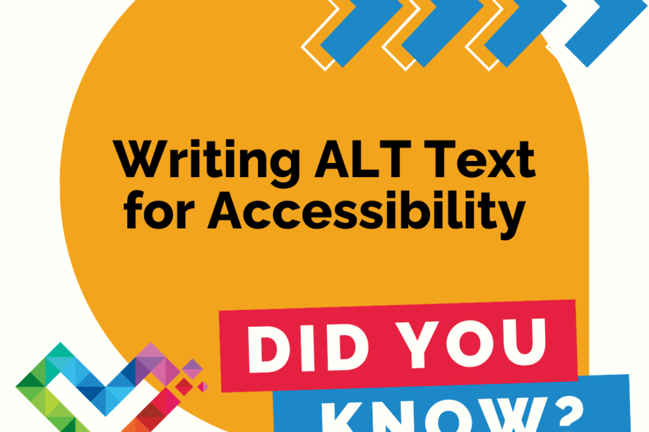 A yellow bubble with Writing ALT Text for Accessibility in black, with the words Did You Know? in white over pink and blue boxes. The inclusive pixelation logo appears in the lower right, with blue arrows in the upper right.