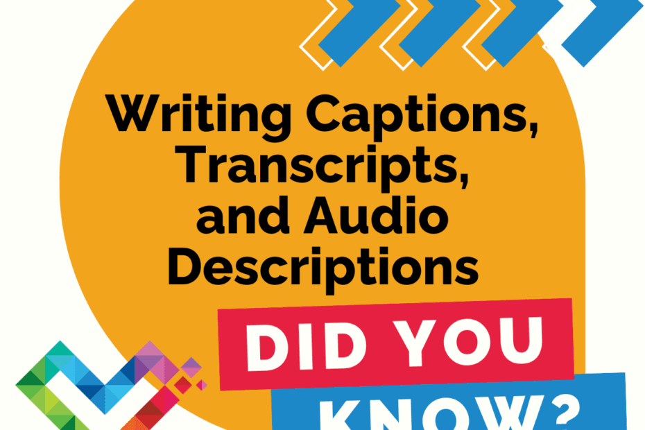 A yellow bubble with Writing Captions, Transcripts, and Audio Descriptions in black, with the words Did You Know? in white over pink and blue boxes. The inclusive pixelation logo appears in the lower right, with blue arrows in the upper right.
