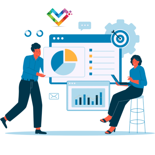 an illustration of a man and woman at work, with the Inclusive Pixelation logo