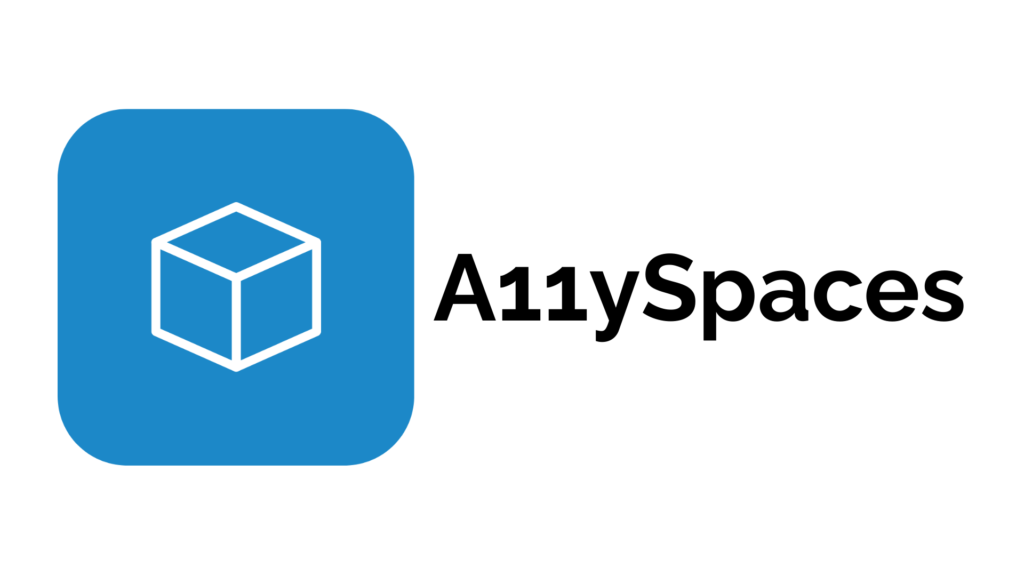 An icon of a white cube on a blue box appears on the left; A11ySpaces on the right, in black text on a white background.