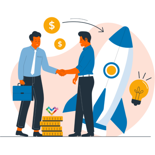 an illustration of two businessmen shaking hands with a rocket behind them, surrounded by coins and dollar signs.