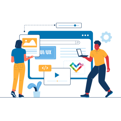 an illustration of two people working on ui/ux design: a large screen appears in the center with various design elements, while a woman in a blue blouse faces the screen and a man in a yellow polo holds a laptop.