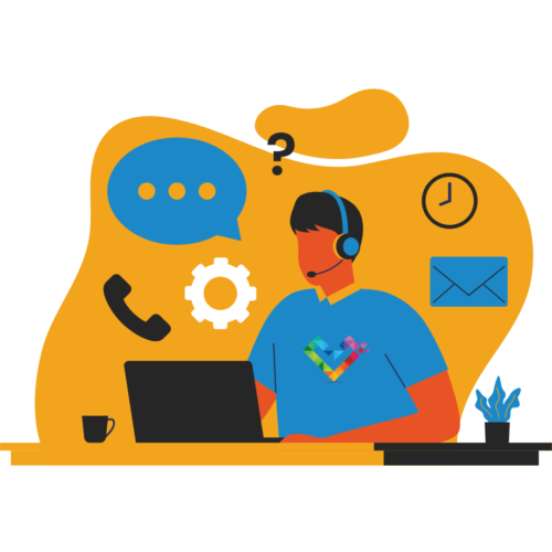 an illustration of a man in a blue Inclusive Pixelation logo tshirt sitting at a laptop wearing a headset. he is surrounded by icons representing communication methods: email, chat, phone.