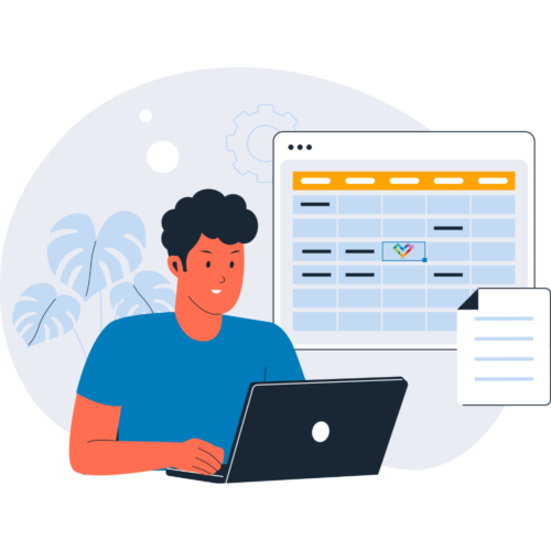 an illustration of a person in a blue shirt using a laptop. a calendar appears behind them with the Inclusive Pixelation logo on it.