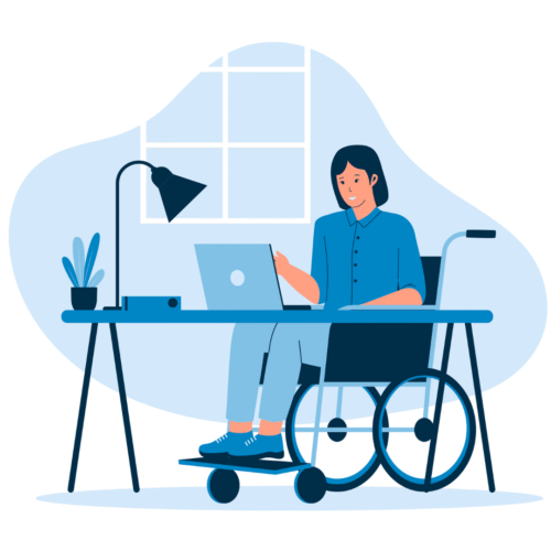 an illustration of a woman using a wheelchair at a desk