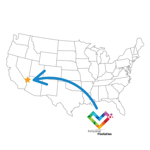 a map of the lower 48 United States with a yellow star on Las Vegas Nevada and a blue arrow pointing from the Inclusive Pixelation logo