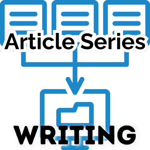 writing article series text over a blue icon of files to a folder