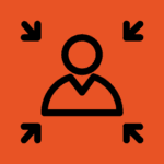 a person with arrows icon in black on an orange background