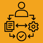 a person with arrows to workflows icon in black on a yellow background