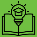 an open book with a graduation cap in a light bulb icon in black on a green background