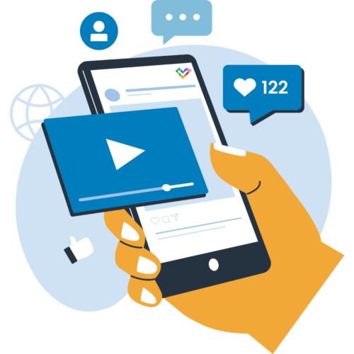 an illustration of a yellow hand holding a mobile device with blue chat bubbles reactions around it