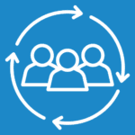 a group of 3 people in a circle of arrows icon in white on a blue background