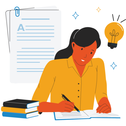 an illustration of a woman in a yellow blouse highlighting an open book. a stack of books appears next to her arm, a stack of papers clipped with a paperclip appear behind her, and a light bulb appears near her head.