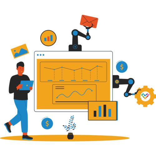 an illustration of processes at work: various graphs and charts appear in the center, surrounded by mechanical arms, icons, and a man holding a tablet.
