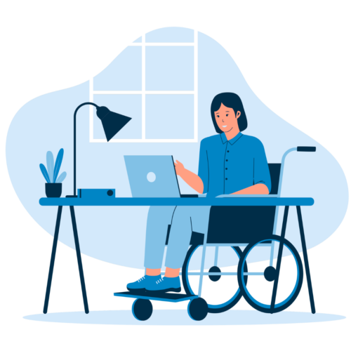 an illustration of a person in a blue blouse using a wheelchair at a simple desk with a laptop.
