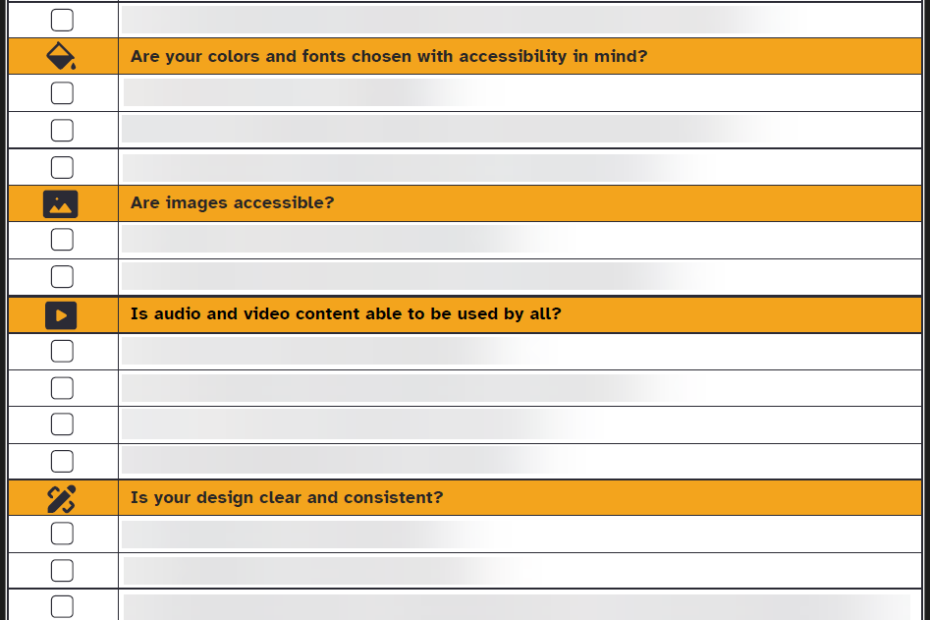 The new 2026 Accessibility for Online Learning checklist by Britne Jenke. It is a clean design with black text on a white background and yellow section headings. The checklist items are blurred out.