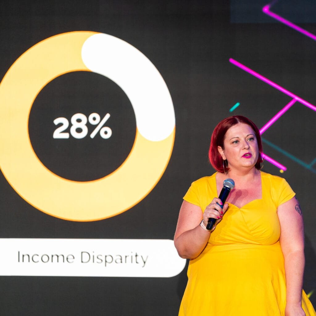 Britne Jenke speaks holding a microphone. She is wearing a yellow dress and stands in front of a black background. The slide behind her reads 28% Income Disparity.