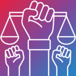 A white icon of hands as fists representing equity over a gradient pink-purple-blue background