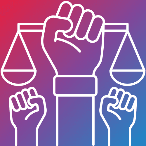 A white icon of hands as fists representing equity over a gradient pink-purple-blue background