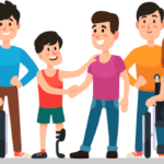 illustrated disabled people in brightly-colored clothing