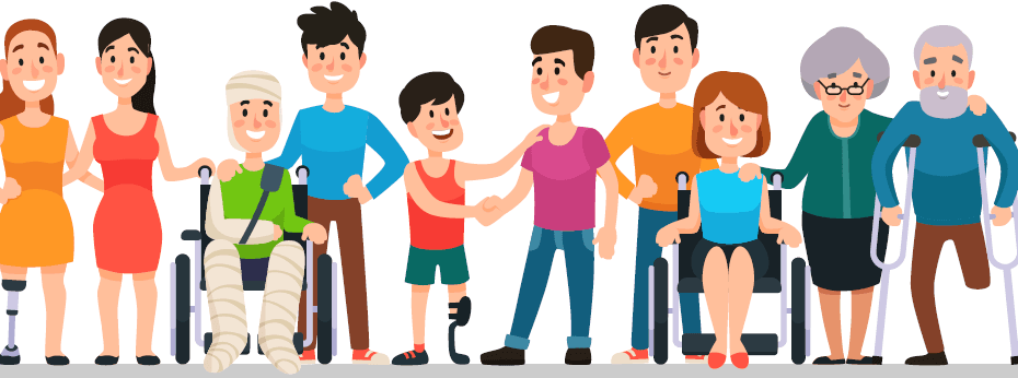 illustrated disabled people in brightly-colored clothing