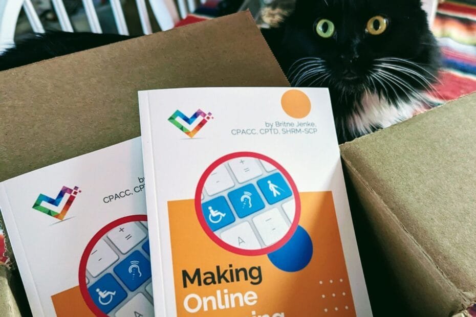 A long-haired tuxedo cat with gold eyes oversees the unboxing of Making Online Learning Accessible