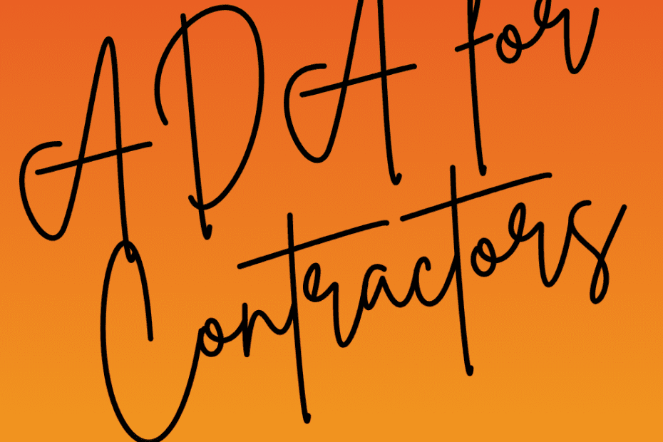 ADA for Contractors in large black handwritten font on an orange gradient background. Tough Topics in black block text with the Inclusive Pixelation rainbow heart logo in the bottom right.