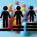 icons of people on platforms of different heights, over a colored blurred background of game pieces