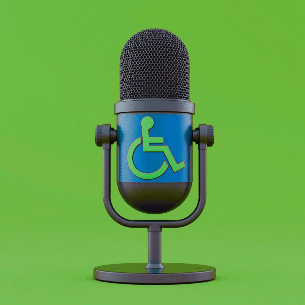 a blue and black microphone with a green wheelchair icon against a green background