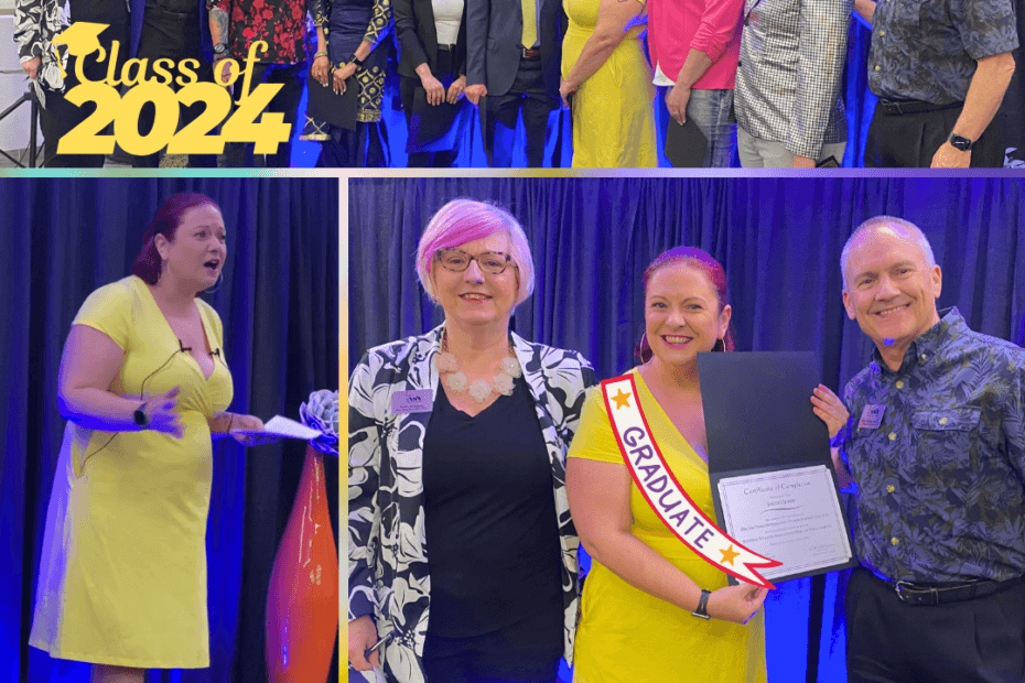 Image Description: A collage of 3 photos. The National Speakers Association - Las Vegas Chapter Academy graduates with a Class of 2024 logo in yellow; Britne speaking on stage in a yellow dress, and Britne holding her academy diploma with a "Graduate" sash with Kathi Kulesza and Mark Stiving, Ph.D.. The NSA Las Vegas logo appears in the lower left.