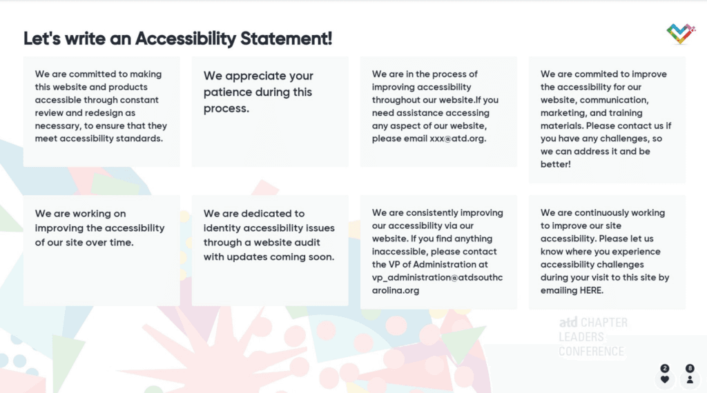 A Mentimeter slide with audience responses to "Let's write an accessibility statement!"