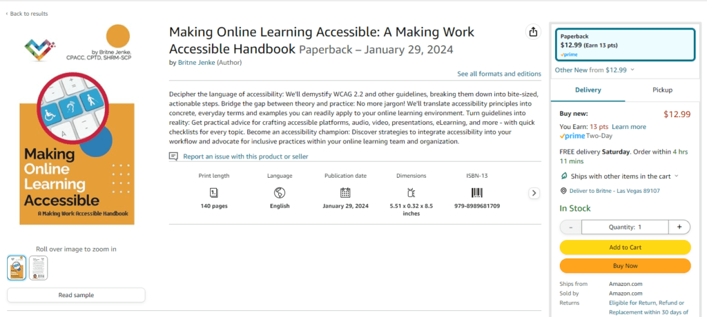 a screenshot of the amazon listing for Making Online Learning Accessible