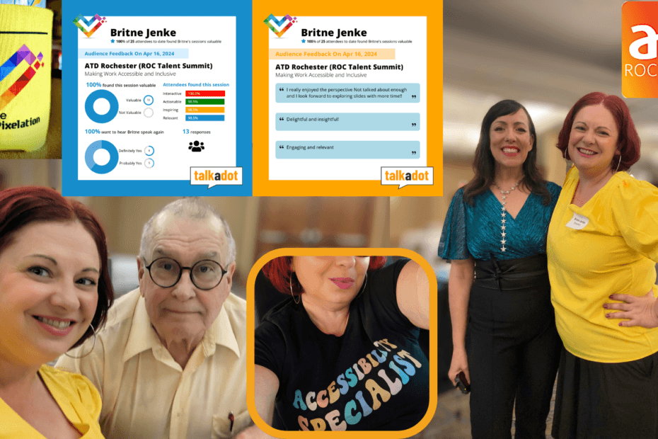 a collage of photos of Britne and her dad, Britne and Kassy Laborie, Britne Jenke in an accessibility specialist tshirt, and feedback from talkadot