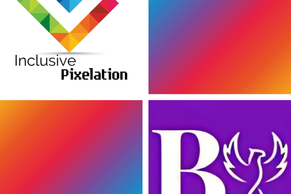 A grid of 4 images: the Inclusive Pixelation rainbow heart logo, two rainbow gradients, and the Benford Talent Alchemy logo
