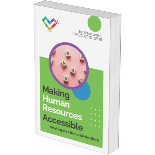 The cover of Making Human Resources Accessible, by Britne Jenke. The dominant color is bright green, with an image of tiles of people connected by networks.