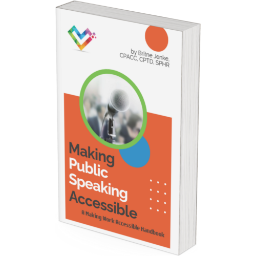 The cover of Making Public Speaking Accessible, by Britne Jenke. The dominant color is a bold orange, with an image of a speaker's microphone.