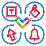 4 pink icons of accessibility features surrounded by blue circles with the Inclusive Pixelation logo in the center