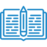 a blue icon of an open book with a pencil in the crease