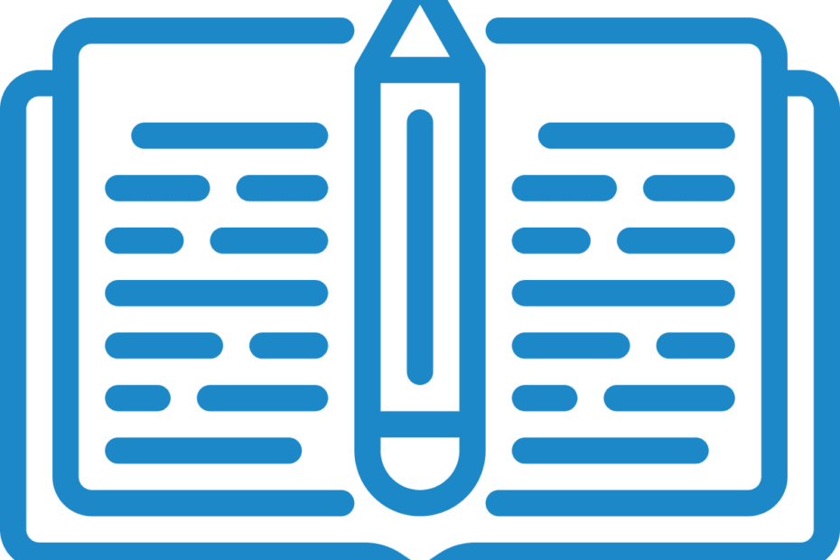 a blue icon of an open book with a pencil in the crease