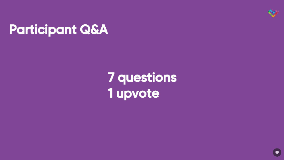Participant Q&A - 7 questions - 1 upvote - white text on a purple background with the inclusive pixelation logo in the upper right corner