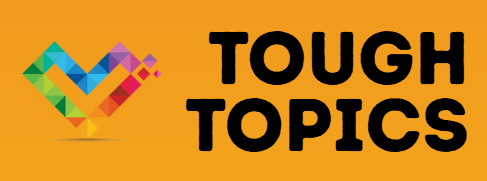 The Inclusive Pixelation rainbow heart logo next to the words Tough Topics in bold black text on a yellow background